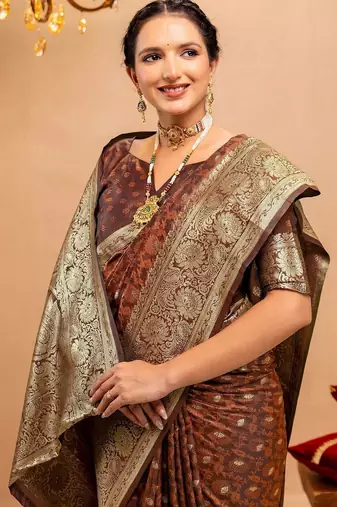 brown ethnic motifs zari art silk heavy work saree