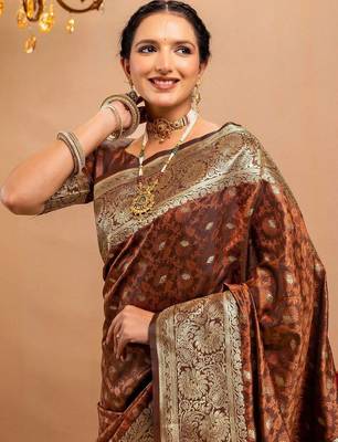 brown ethnic motifs zari art silk heavy work saree 5