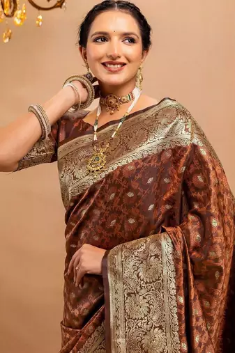 brown ethnic motifs zari art silk heavy work saree