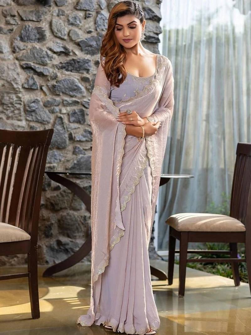 lavender woven design beads and stones satin saree