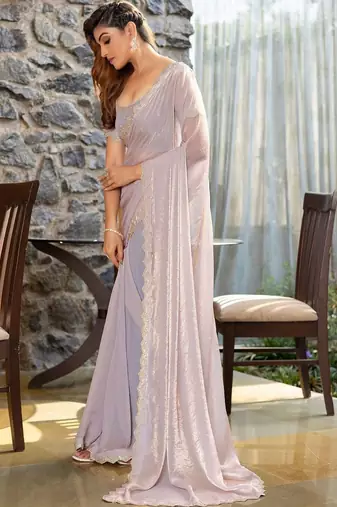 lavender woven design beads and stones satin saree
