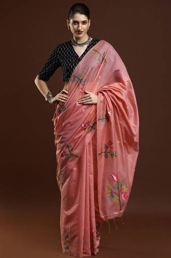 pink woven design zari muga saree
