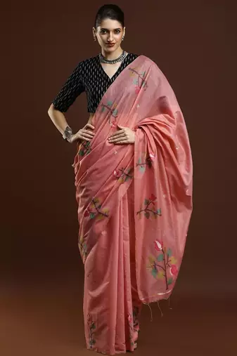 pink woven design zari muga saree