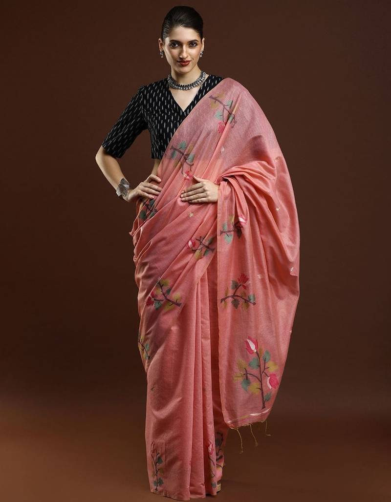 pink woven design zari muga saree