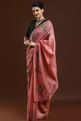 pink woven design zari muga saree