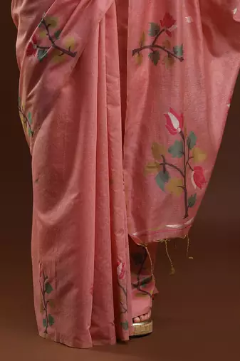 pink woven design zari muga saree