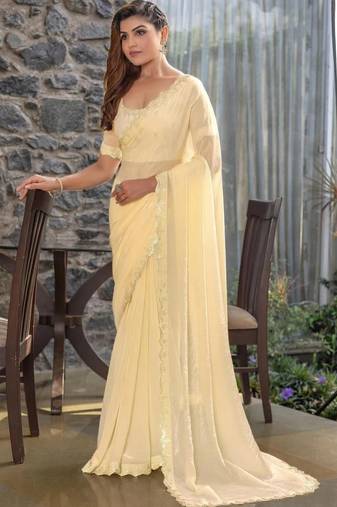 cream woven design embroidered satin saree