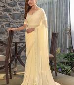 cream woven design embroidered satin saree