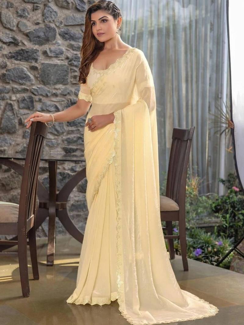 cream woven design embroidered satin saree