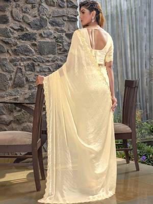 cream woven design embroidered satin saree 2