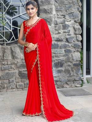 red woven design embroidered satin saree 1