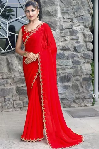 red woven design embroidered satin saree