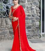 red woven design embroidered satin saree