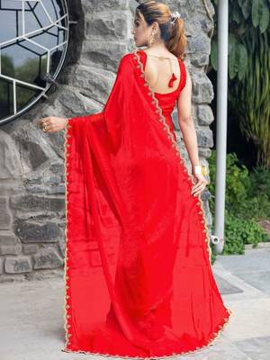 red woven design embroidered satin saree 2