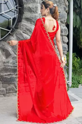 red woven design embroidered satin saree