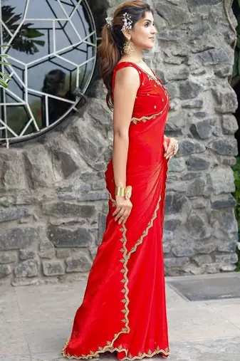 red woven design embroidered satin saree