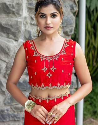 red woven design embroidered satin saree 5
