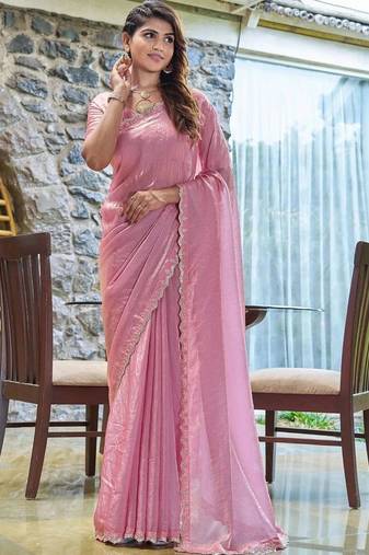 pink beads and stones satin saree