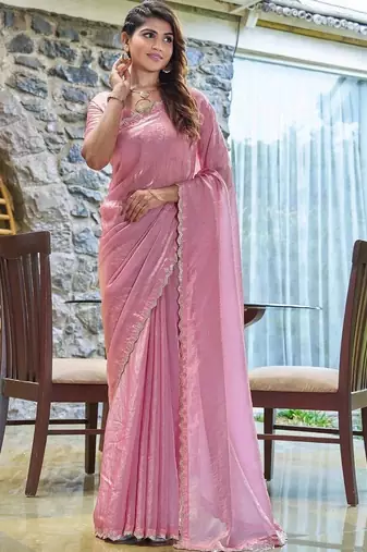 pink beads and stones satin saree