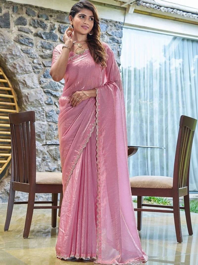 pink beads and stones satin saree