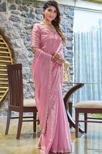 pink beads and stones satin saree