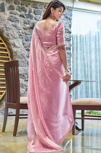 pink beads and stones satin saree