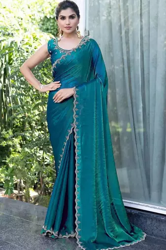 teal woven design embroidered satin saree