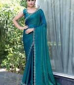 teal woven design embroidered satin saree