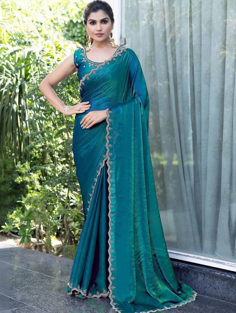 teal woven design embroidered satin saree
