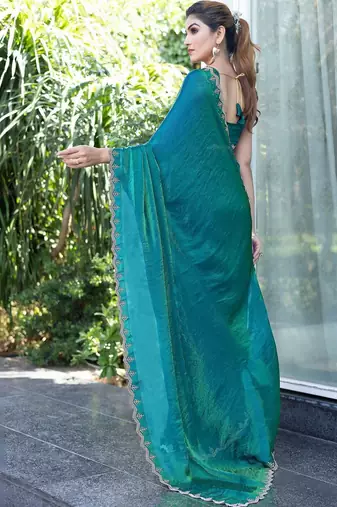 teal woven design embroidered satin saree