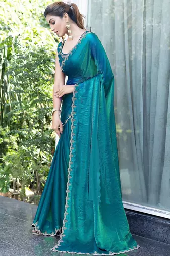 teal woven design embroidered satin saree
