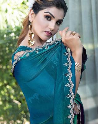 teal woven design embroidered satin saree 4