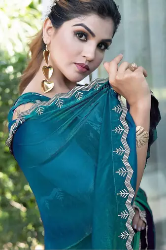 teal woven design embroidered satin saree