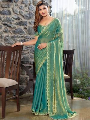 teal woven design embroidered satin saree 1
