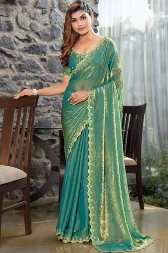 teal woven design embroidered satin saree