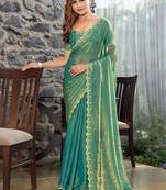 teal woven design embroidered satin saree
