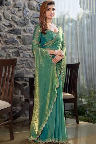 teal woven design embroidered satin saree