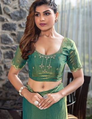 teal woven design embroidered satin saree 5