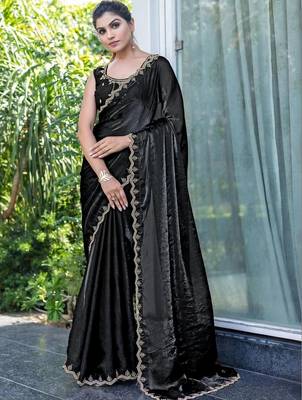 black woven design embroidered satin saree 1