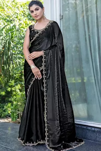 black woven design embroidered satin saree