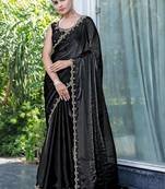 black woven design embroidered satin saree