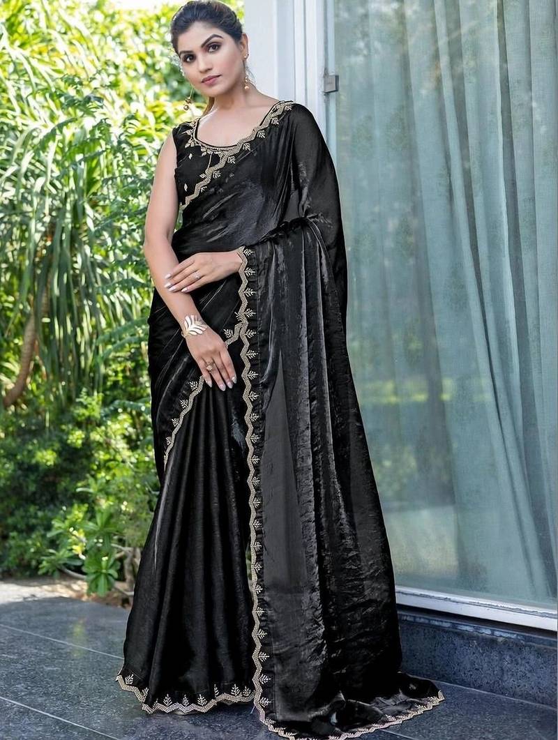 black woven design embroidered satin saree
