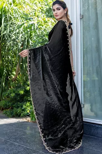 black woven design embroidered satin saree
