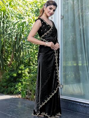 black woven design embroidered satin saree 3