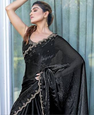 black woven design embroidered satin saree 4