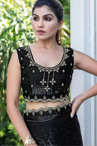 black woven design embroidered satin saree
