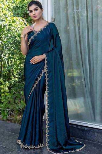 teal woven design beads and stones satin saree
