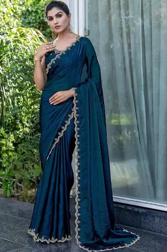 teal woven design beads and stones satin saree