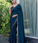 teal woven design beads and stones satin saree