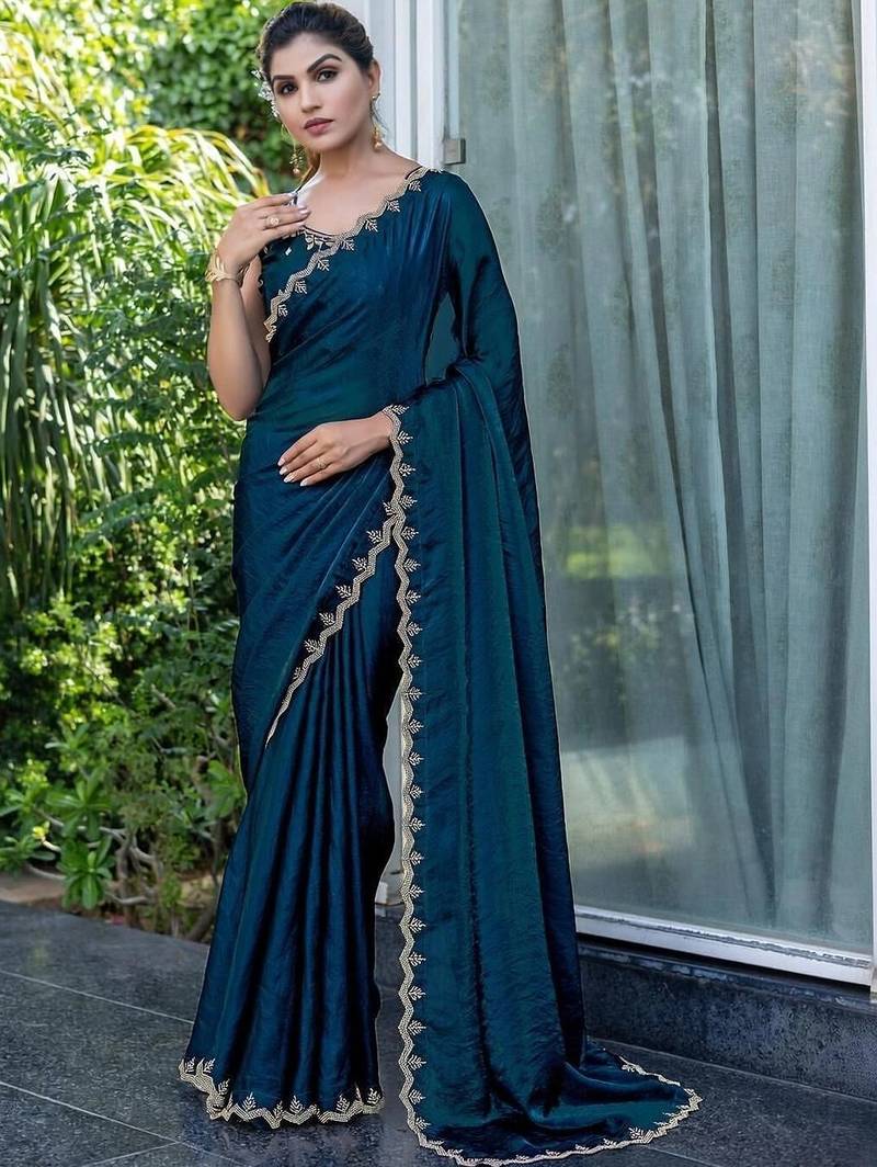 teal woven design beads and stones satin saree